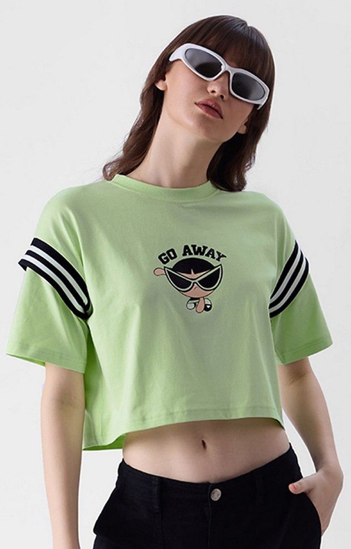Women's Powerpuff Girls: Go Away Green Printed Crop Top