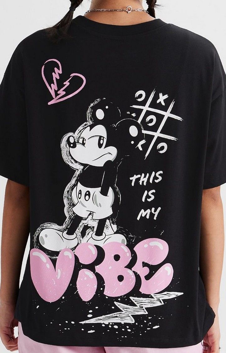 Women's Mickey Mouse: Graffiti Black Printed Oversized T-Shirt