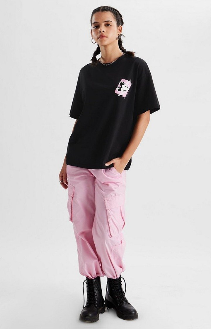 Women's Mickey Mouse: Graffiti Black Printed Oversized T-Shirt