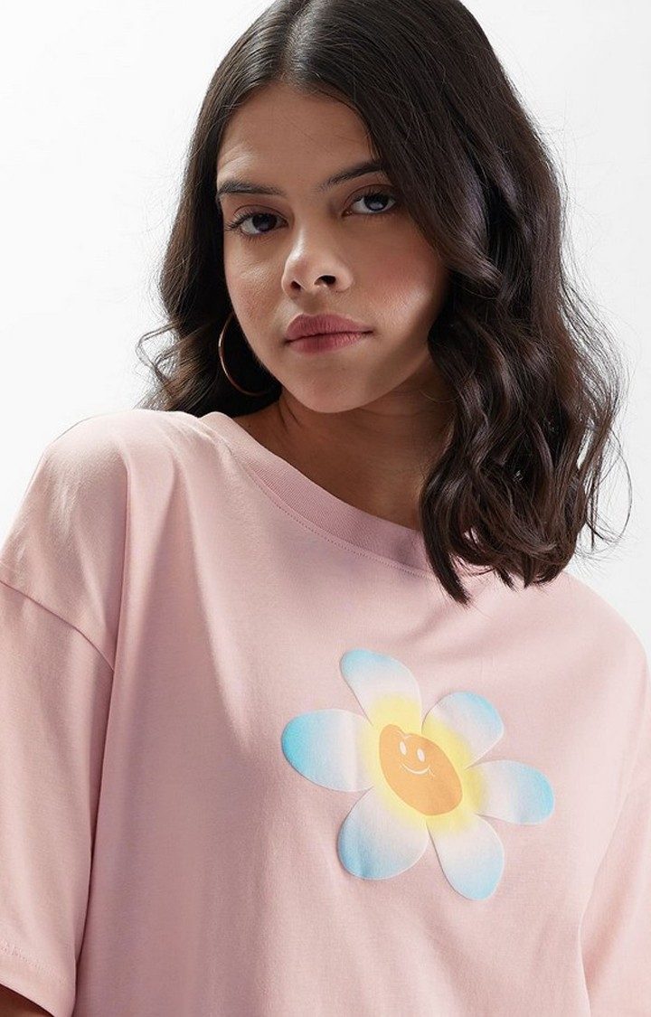 Women's TSS Originals: Beach Vibes Pink Typographic Printed Oversized T-Shirt