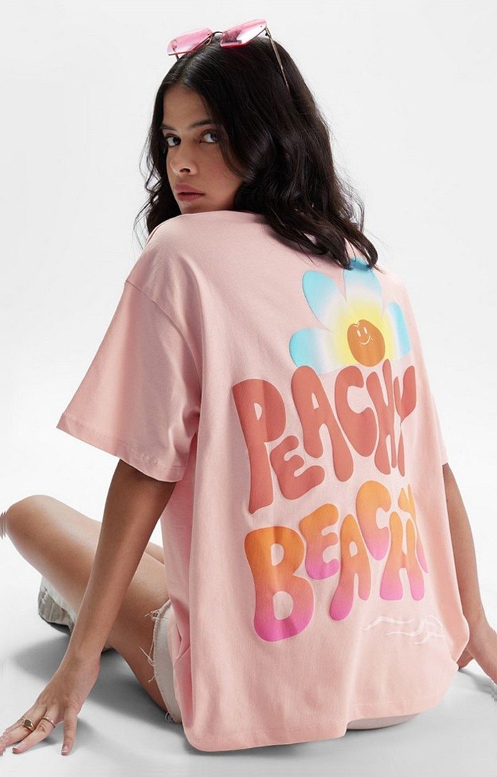 Women's TSS Originals: Beach Vibes Pink Typographic Printed Oversized T-Shirt