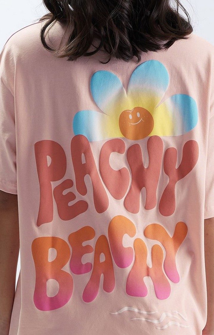 Women's TSS Originals: Beach Vibes Pink Typographic Printed Oversized T-Shirt
