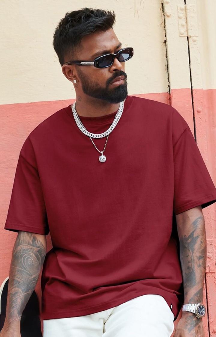 Men's Red Solid Oversized T-Shirt