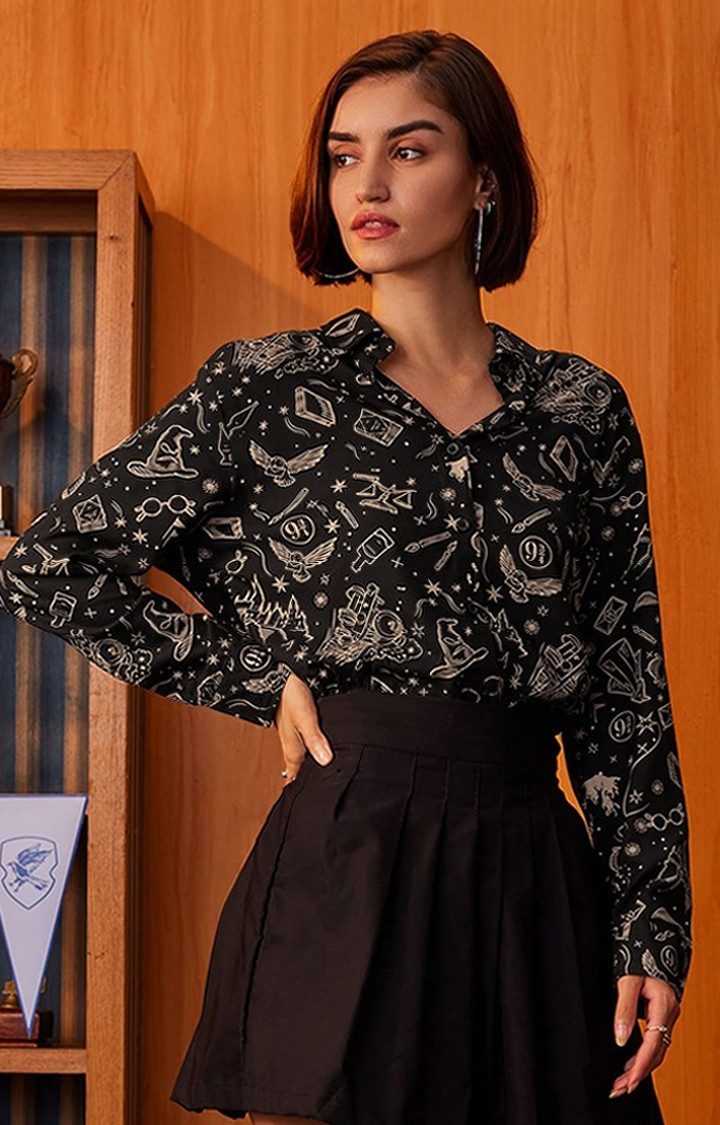 Women's Harry Potter: Doodle Black Printed Oversized Shirt