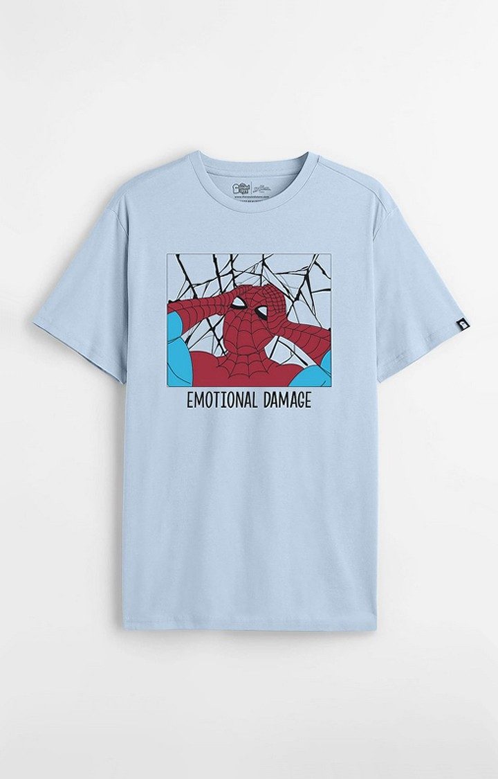 Men's Spider-Man: Emotional Damage Blue Printed Regular T-Shirt