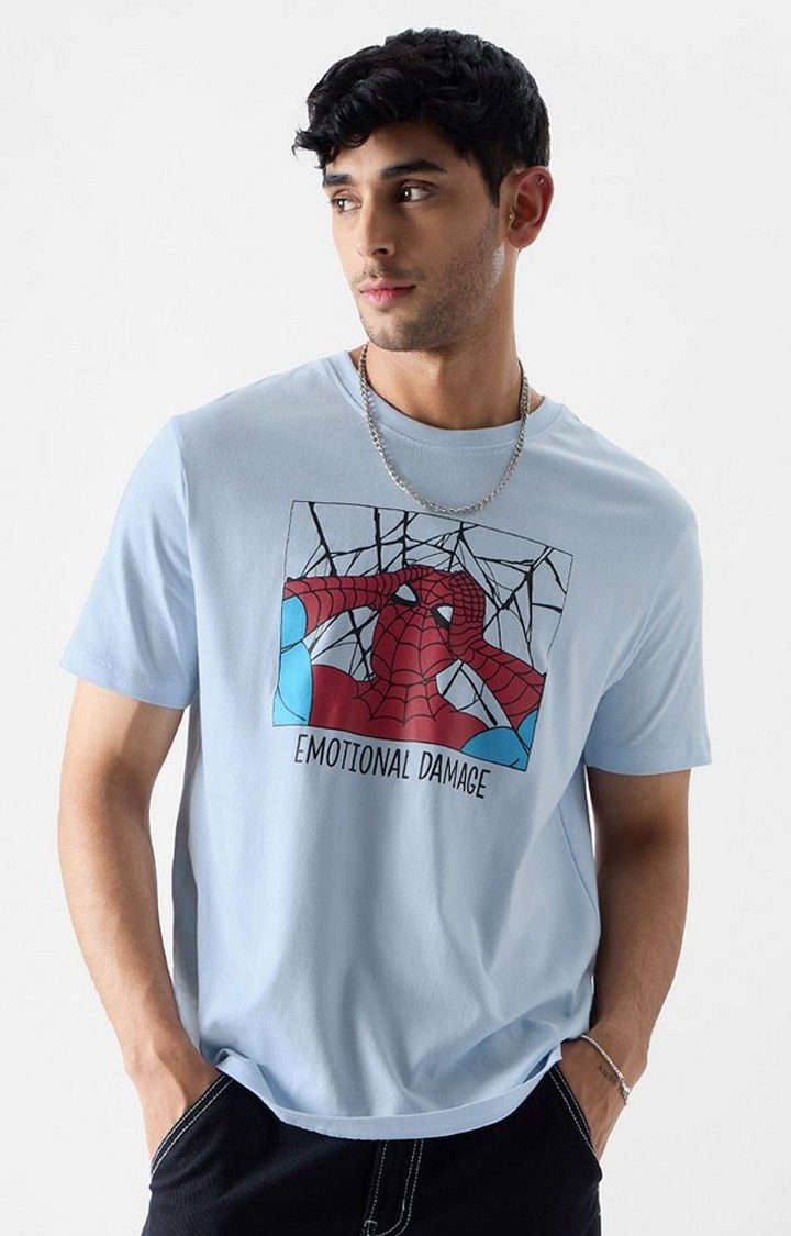 Men's Spider-Man: Emotional Damage Blue Printed Regular T-Shirt