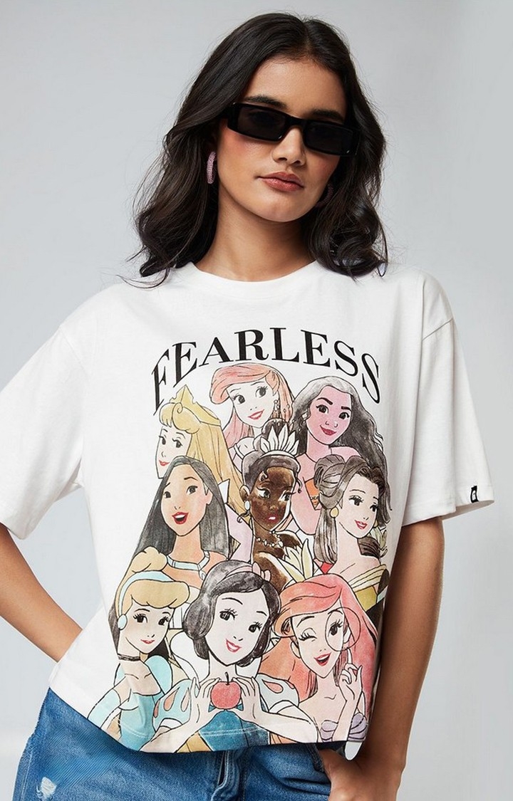 Women's Disney: Fearless White Printed Oversized T-Shirt