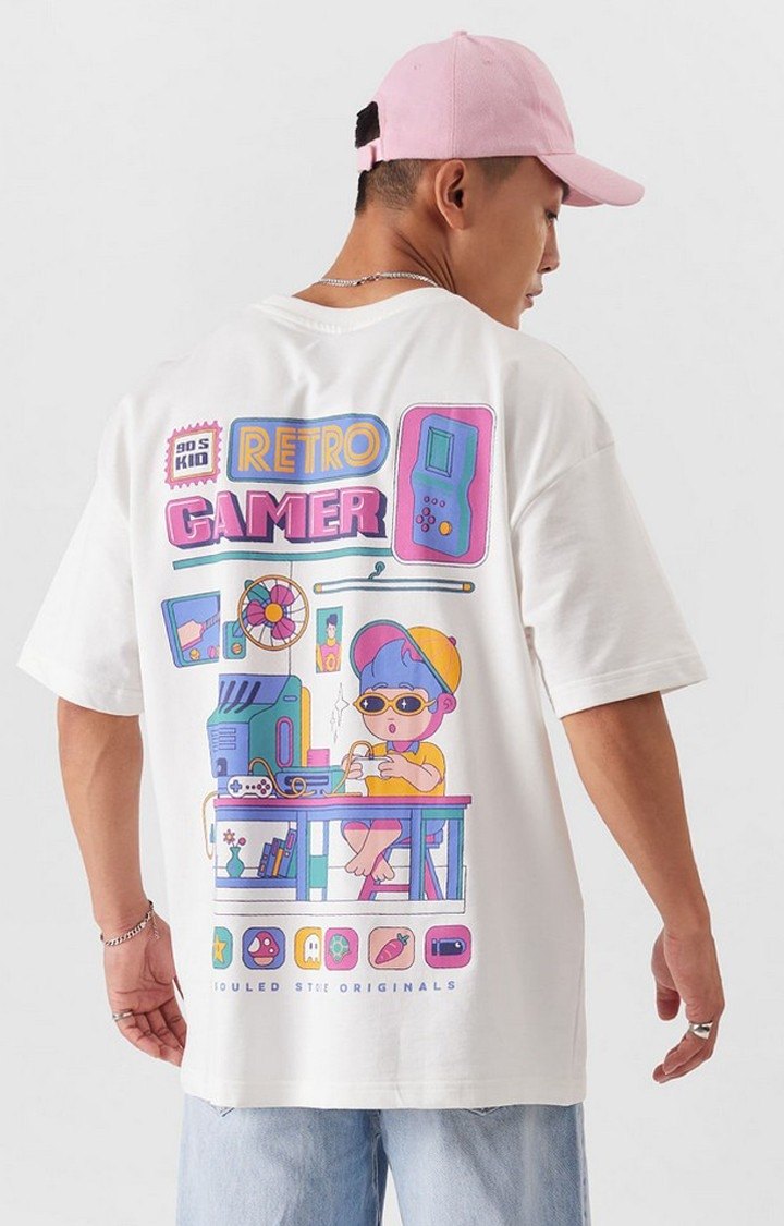 Men's TSS Originals: Retro Gamer White Printed Oversized T-Shirt