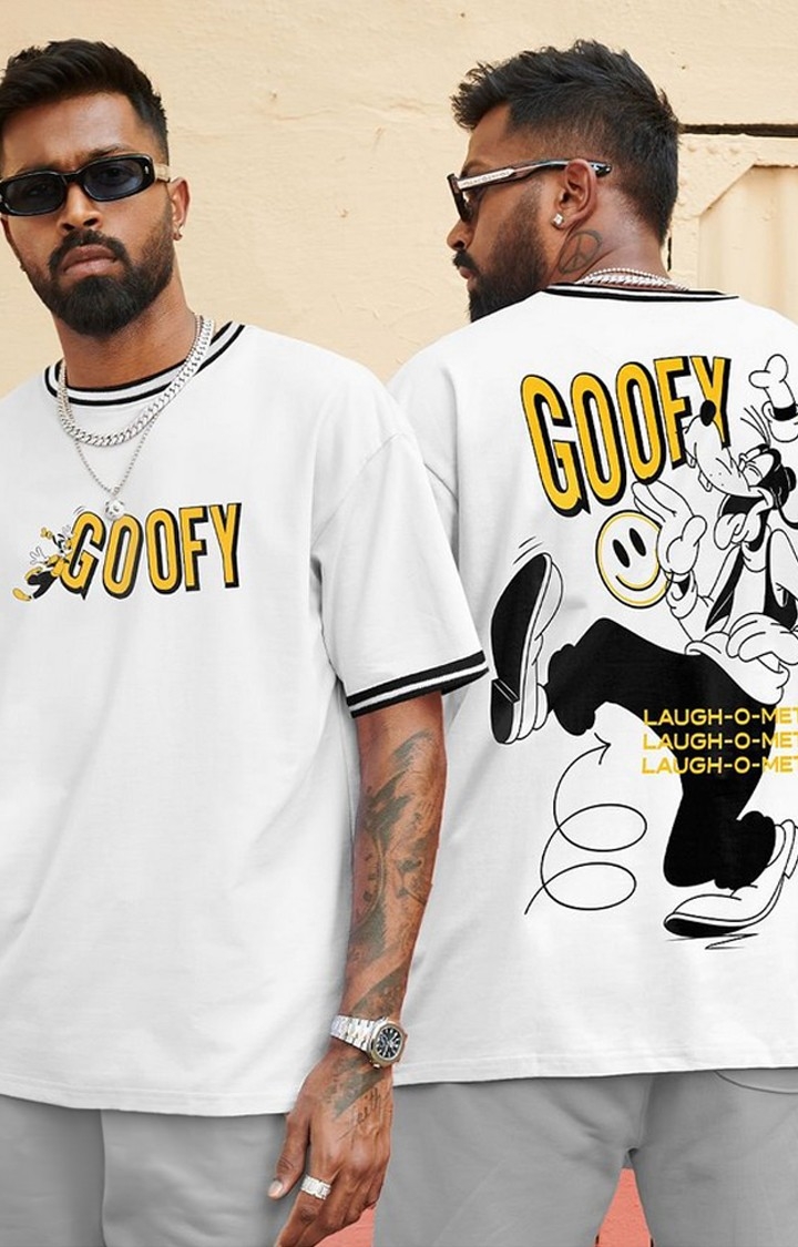 Men's Disney: Goofy White Printed Oversized T-Shirt