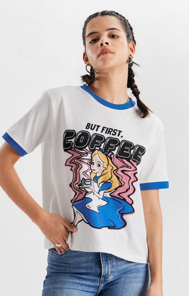 Women's Disney: Alice's Coffee White Printed Regular T-Shirt