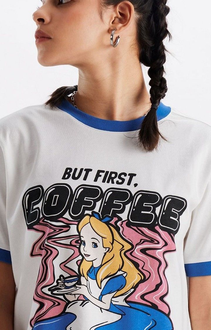 Women's Disney: Alice's Coffee White Printed Regular T-Shirt