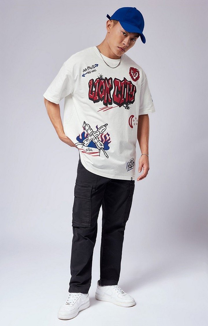 Men's TSS Originals: Lion City White Printed Oversized T-Shirt
