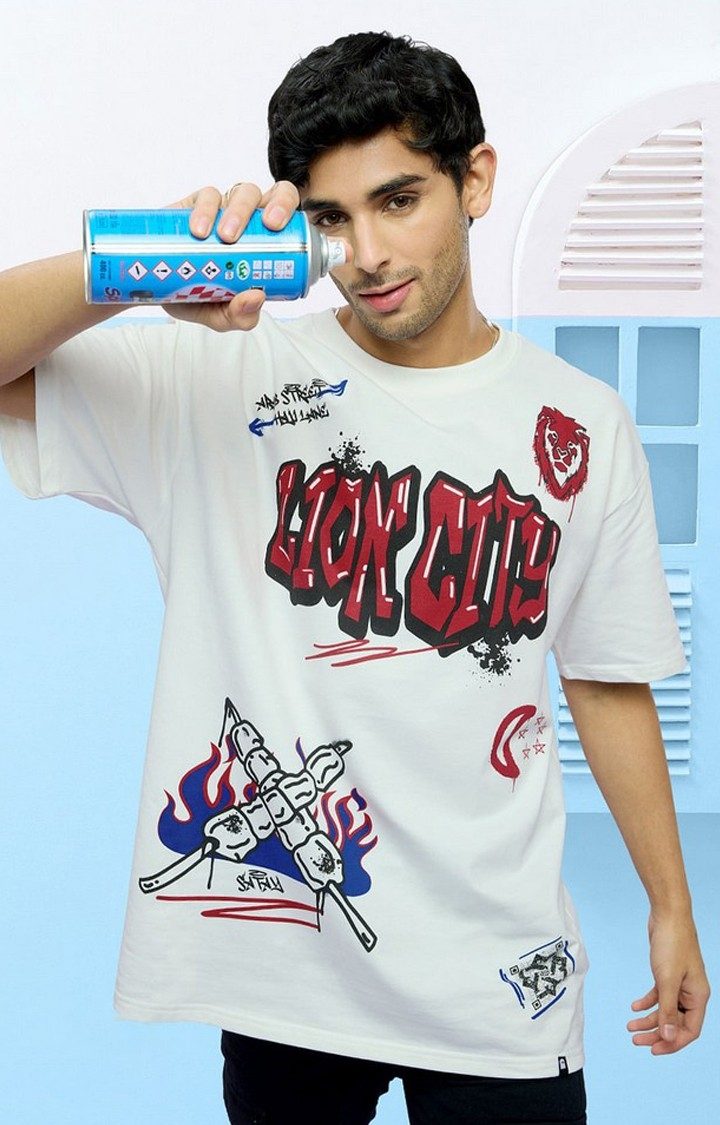 Men's TSS Originals: Lion City White Printed Oversized T-Shirt