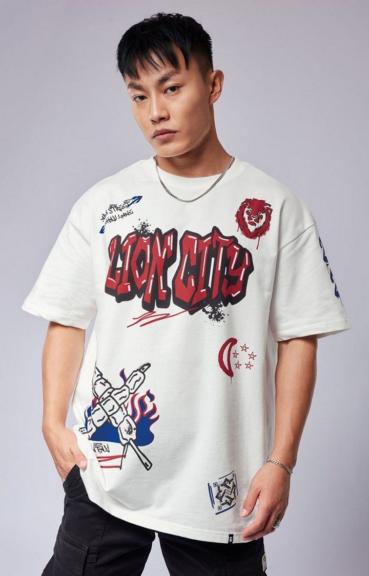 Men's TSS Originals: Lion City White Printed Oversized T-Shirt