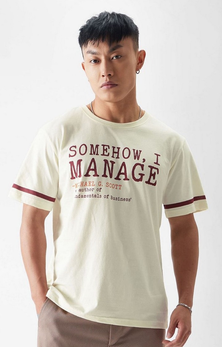 Men's The Office: I Manage Off White Typographic Printed Regular T-Shirt