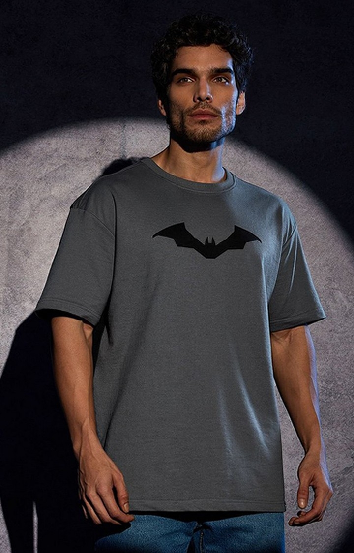 Men's Batman: The Cowl Grey Printed Oversized T-Shirt