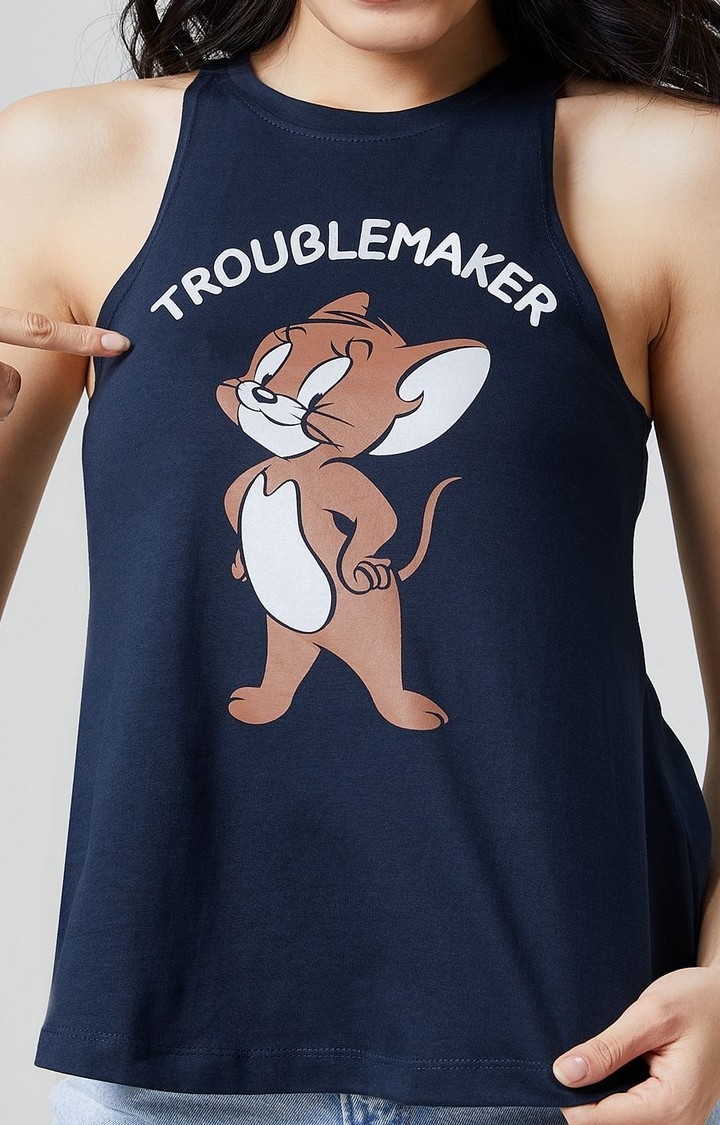 Women's Tom And Jerry: Troublemaker Blue Printed Tank Top