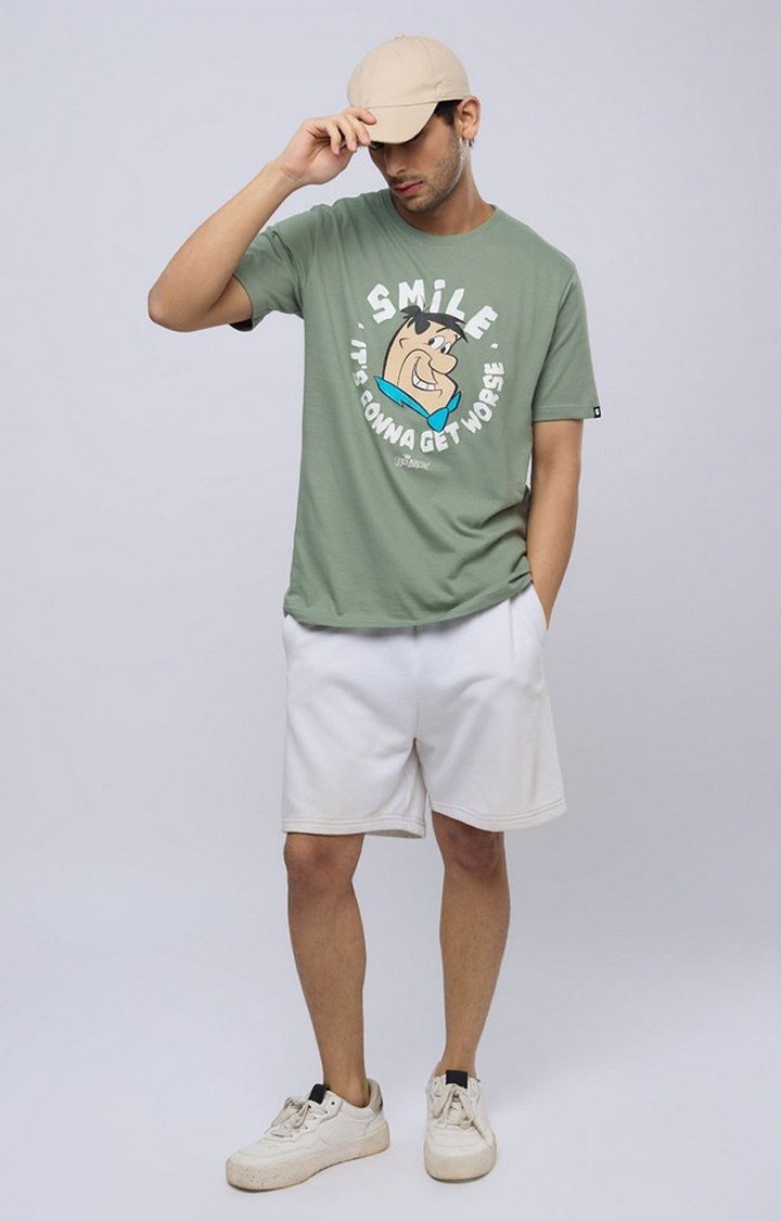 Men's The Flintstones: Smile Green Printed Regular T-Shirt