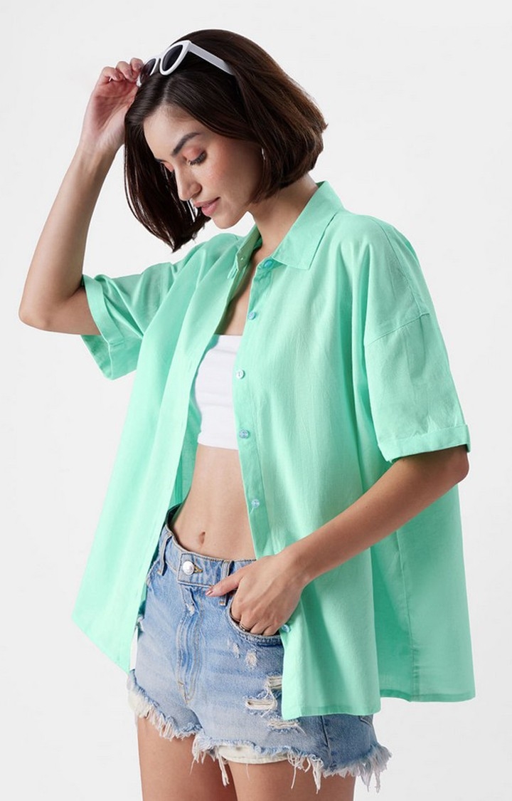 Women's Linen Oversized: Apple Mint Green Solid Oversized Shirt