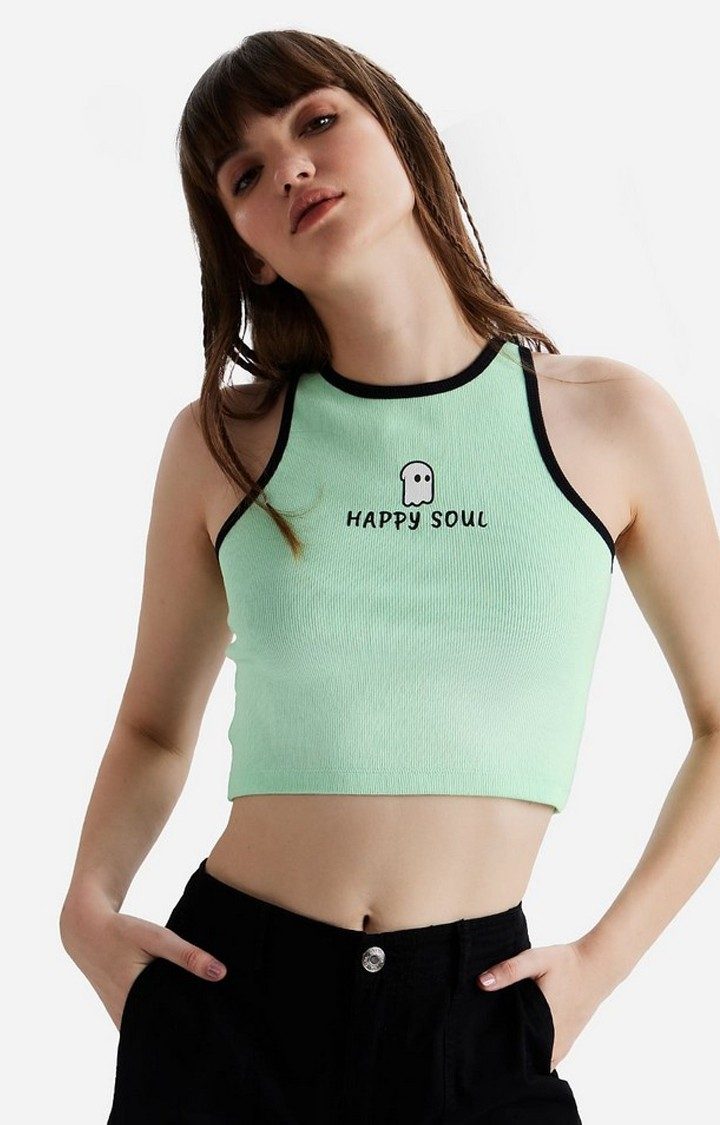 Women's TSS Originals: Happy Soul Green Printed Crop Top
