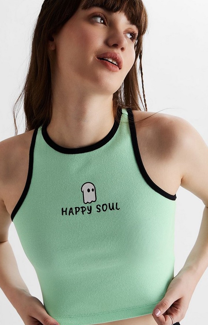 Women's TSS Originals: Happy Soul Green Printed Crop Top