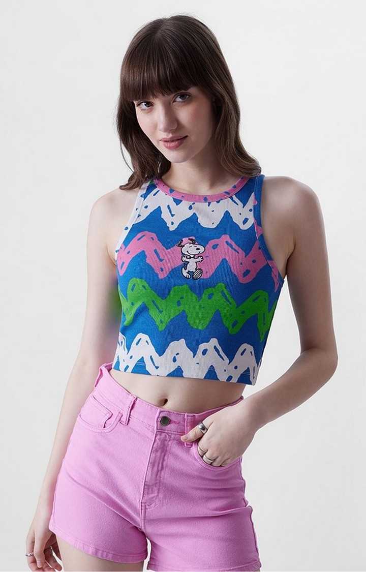 The Souled Store | Women's Peanuts: Happy Snoopy Blue Printed Crop Top