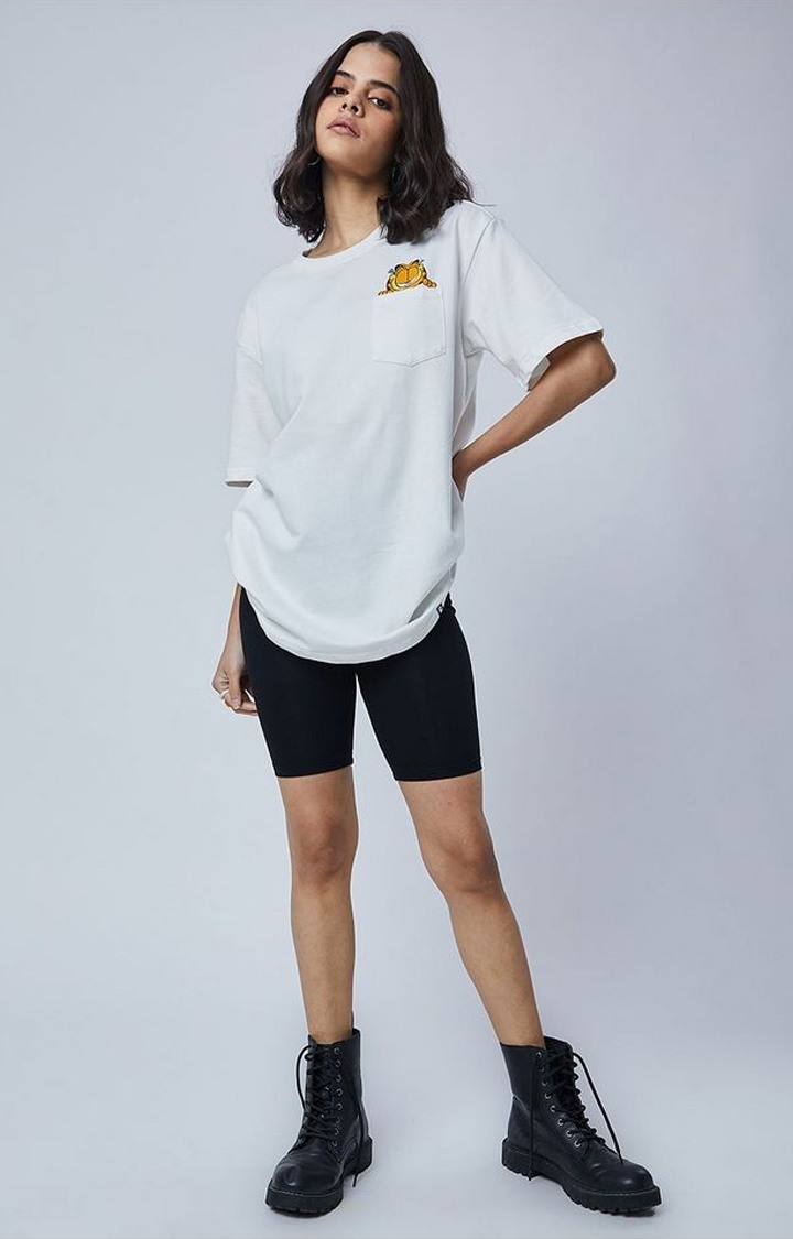 Women's Garfield: 1978 White Printed Oversized T-Shirt