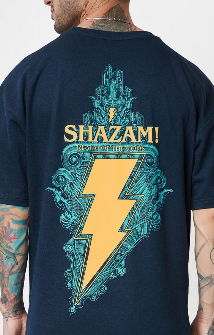 Men's Shazam: Realm of Gods Blue Printed Oversized T-Shirt