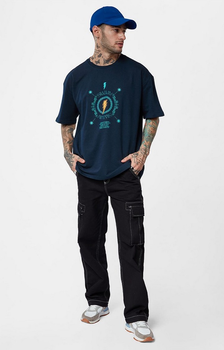 Men's Shazam: Realm of Gods Blue Printed Oversized T-Shirt