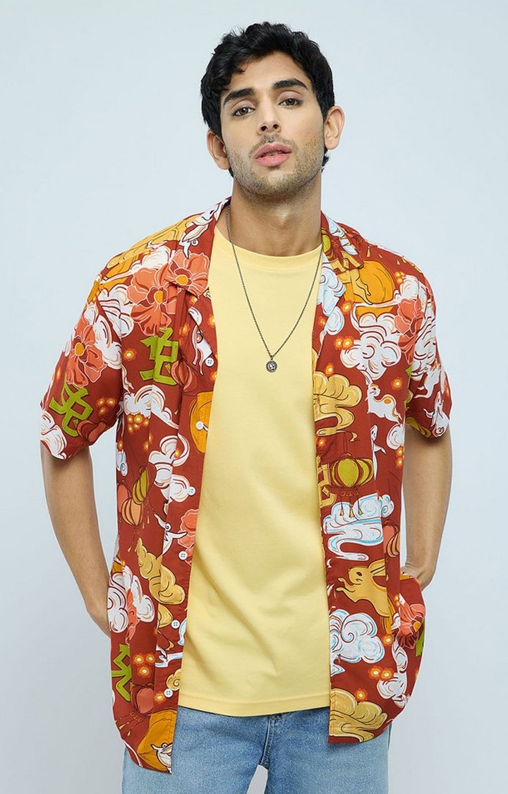 The Souled Store | Men's TSS Originals: Year of the Rabbit Rust red Printed Oversized Shirt