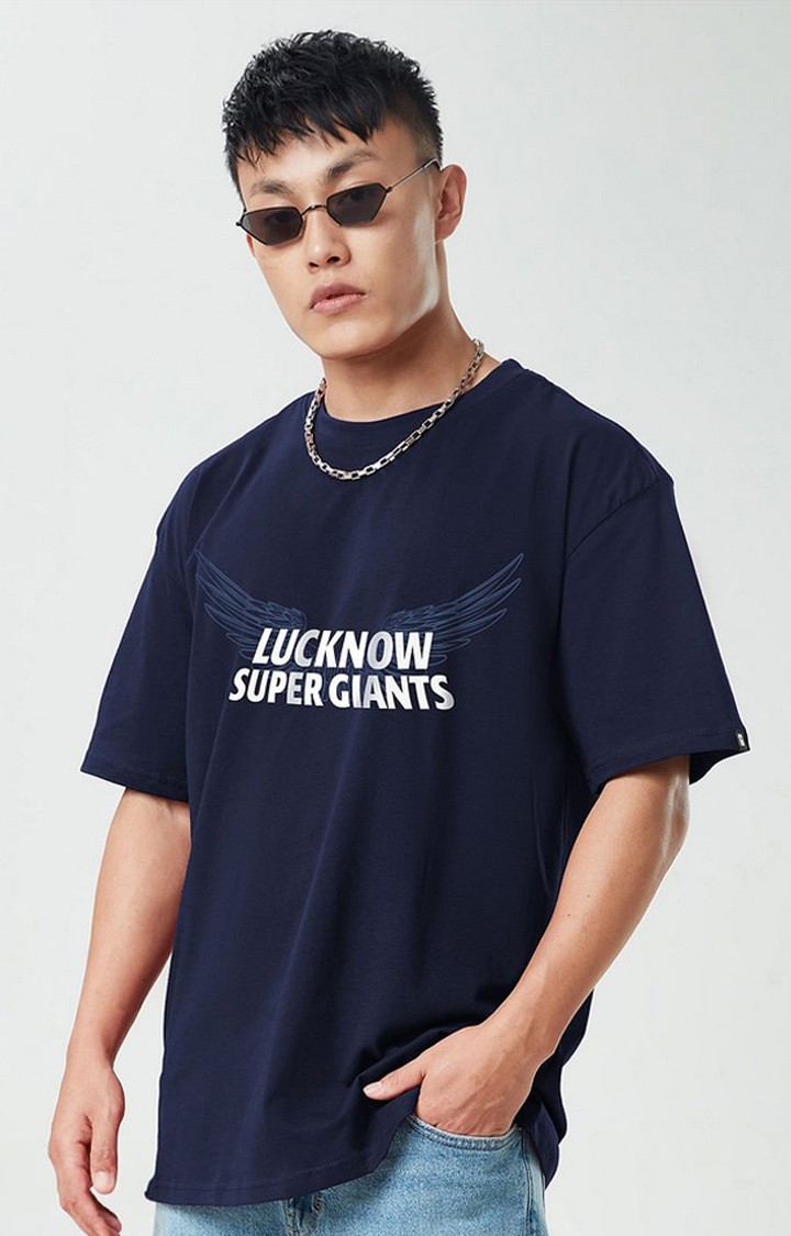 The Souled Store | Men's LSG Blue Typographic Printed Oversized T-Shirt