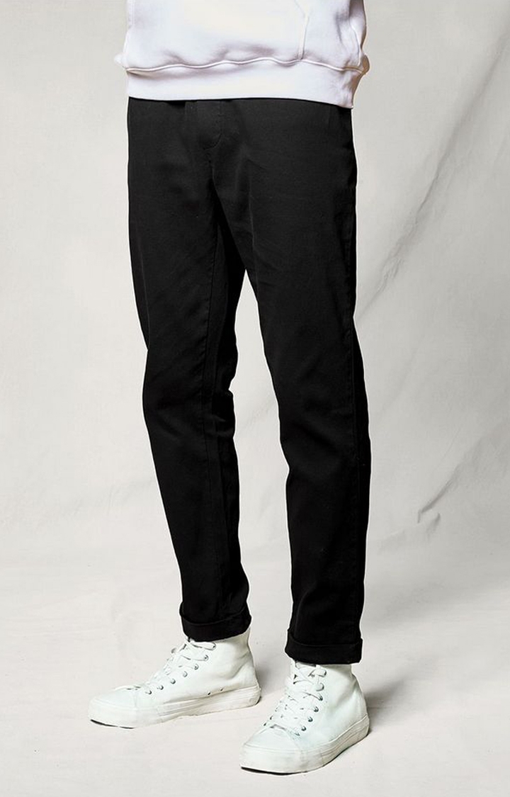 Men's  Black Cotton Solid Casual Pant