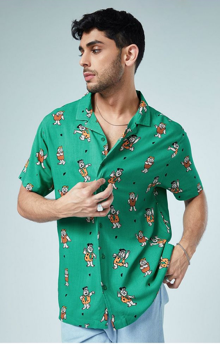 Men's The Flintstones Green Printed Oversized Shirt