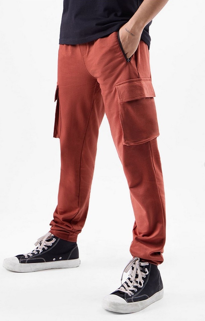Men's  Red Cotton Solid Cargo