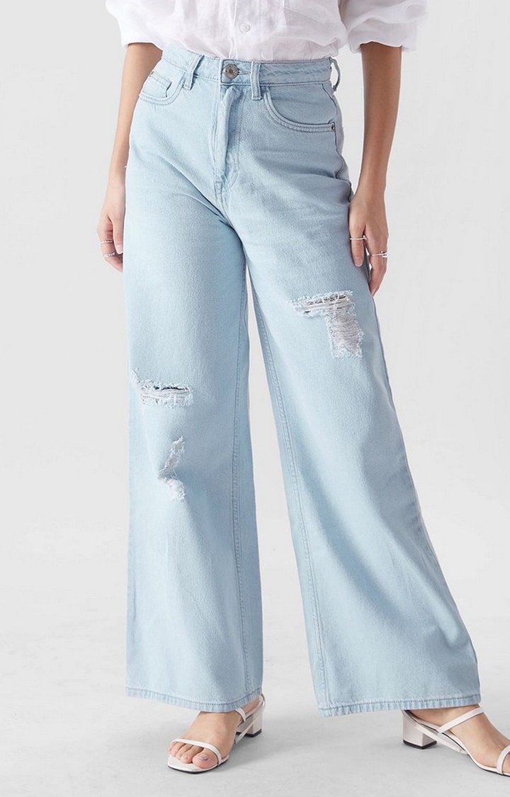 Women's  Blue Denim Ripped Ripped Jeans