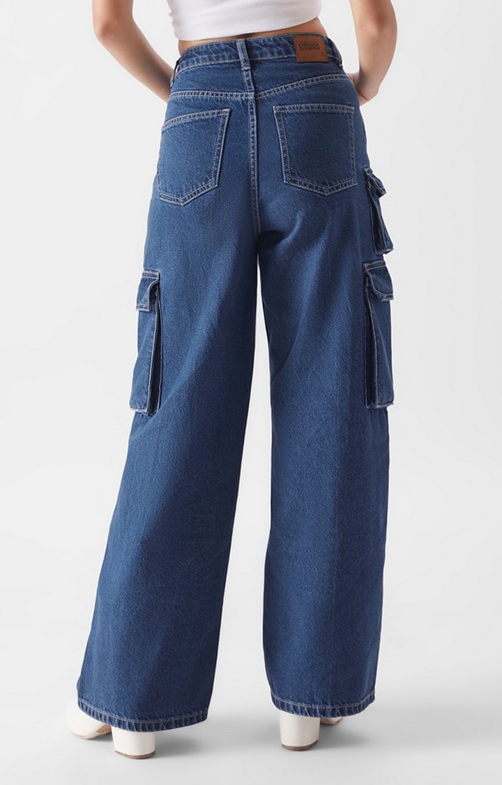 Women's Mid Blue Cotton Solid Cargos