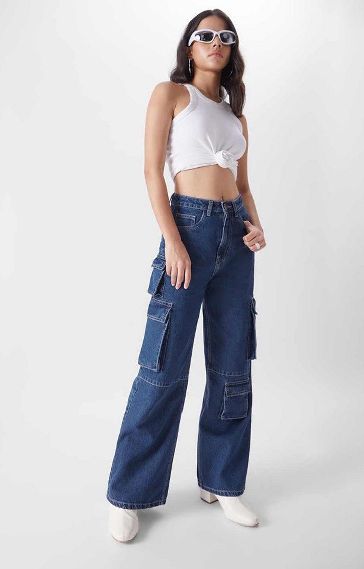 Women's Mid Blue Cotton Solid Cargos