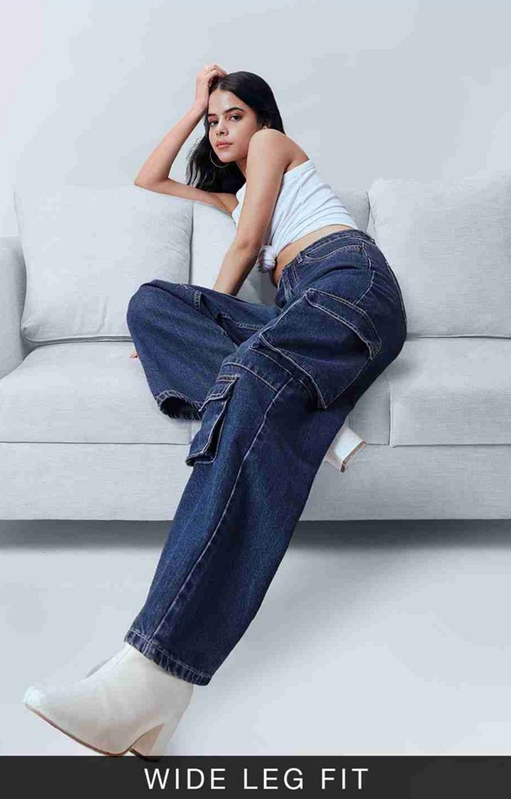 Women's Mid Blue Cotton Solid Cargos