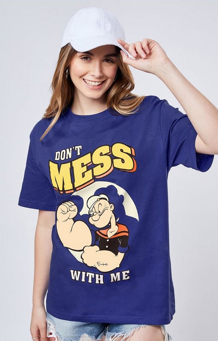 Women's Popeye: Don't Mess With Me Blue Printed Oversized T-Shirt