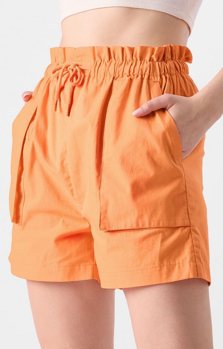 Women's  Orange Cotton Solid Shorts