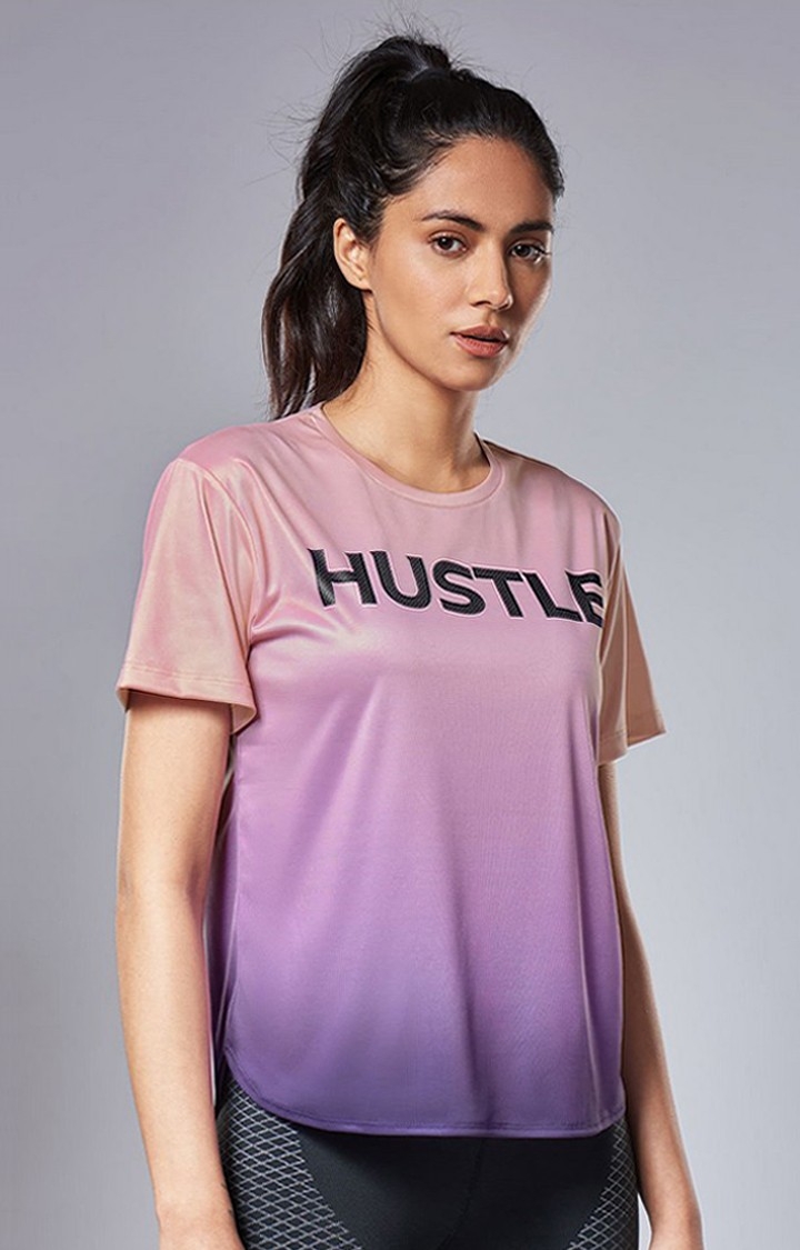 Women's Hustle Purple Typographic Printed Activewear T-Shirt