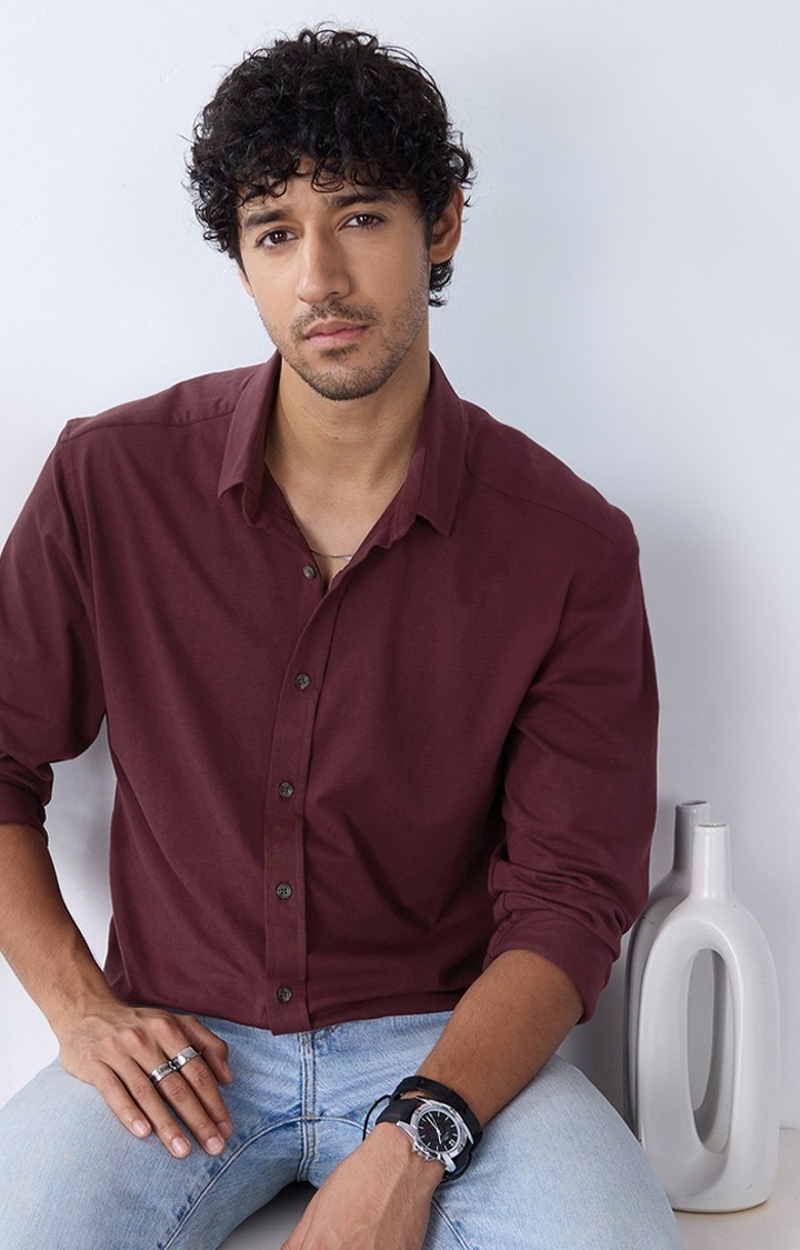 Men's Textured Shirt: Maroon Knit Shirts
