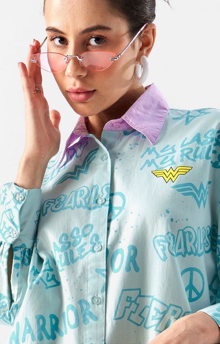 Women's Wonder Woman: Graffiti Blue Printed Shift Dress