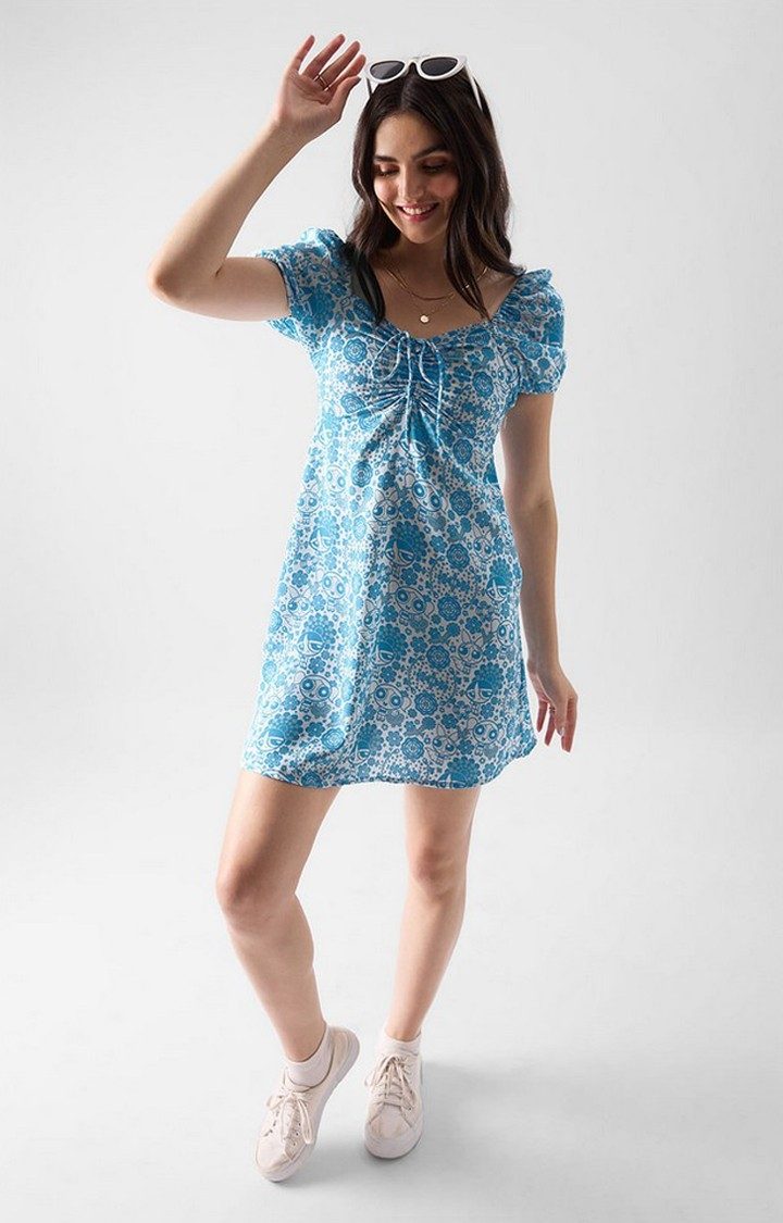 Women's The Powerpuff Girls: Floral Pattern Blue Printed Shift Dress
