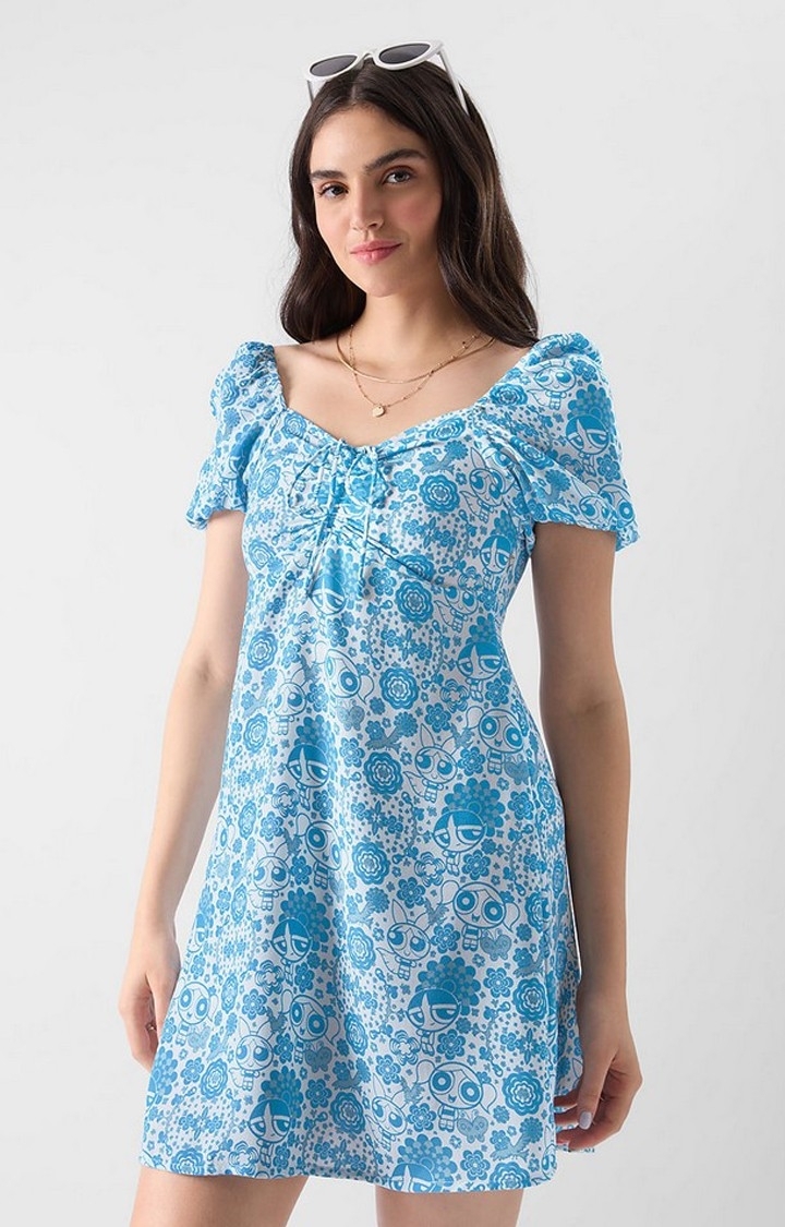The Souled Store | Women's The Powerpuff Girls: Floral Pattern Blue Printed Shift Dress