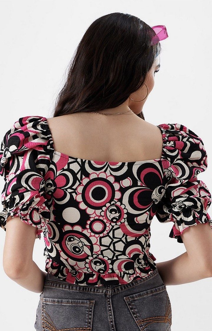 Women's Powerpuff Girls: Flower Power Black & Pink Printed Crop Top