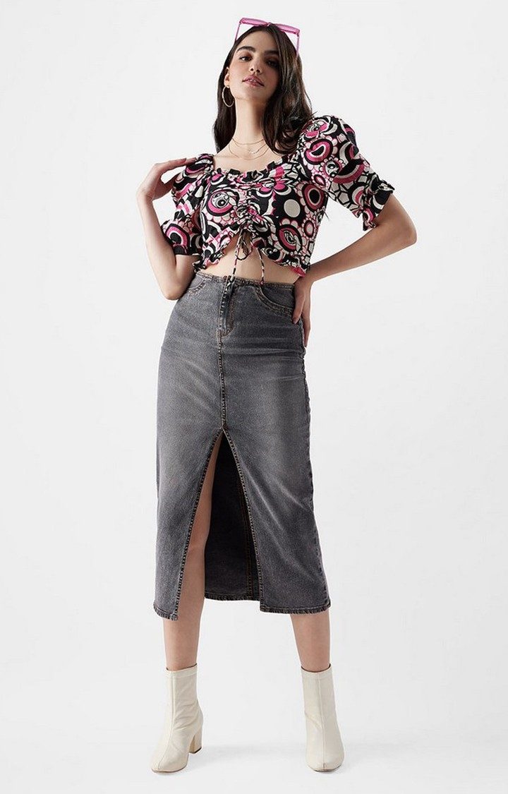 Women's Powerpuff Girls: Flower Power Black & Pink Printed Crop Top