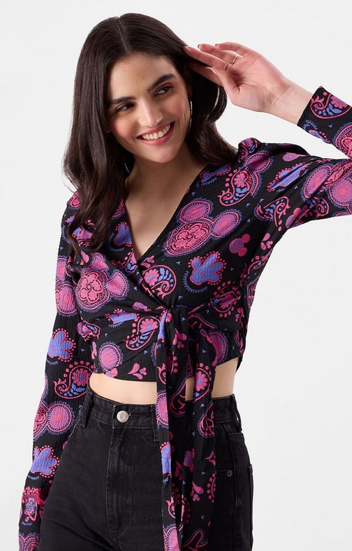 Women's Mickey Mouse: Paisley Black Printed Crop Top