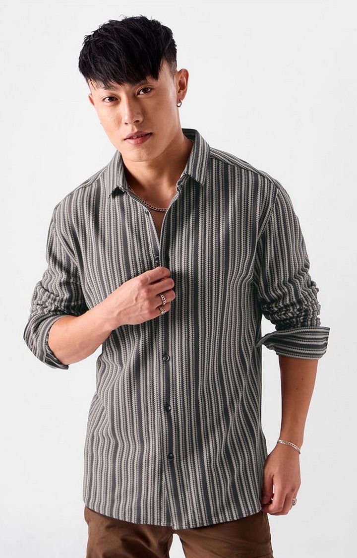 Men's Grey & White Striped Casual Shirt