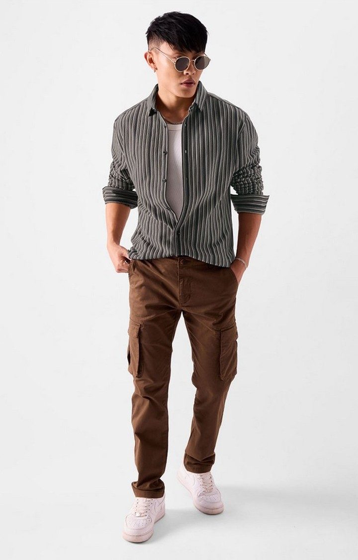 Men's Grey & White Striped Casual Shirt